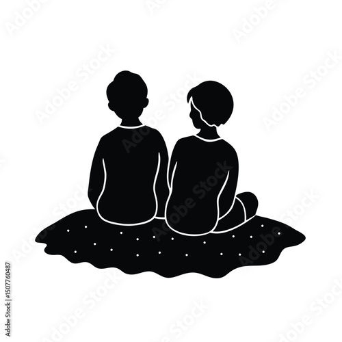 Two friends sitting back to back in sand vector silhouette