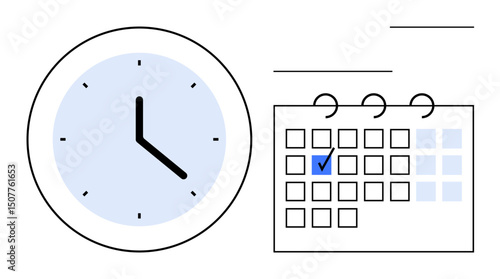 Analog clock indicating time next to a calendar with a blue checkmark on a selected date. Ideal for time management, planning, appointments, deadlines, organization, productivity, flat simple
