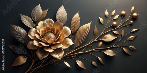 Elegant Golden Floral Arrangement with Dark Background and Metallic Accents