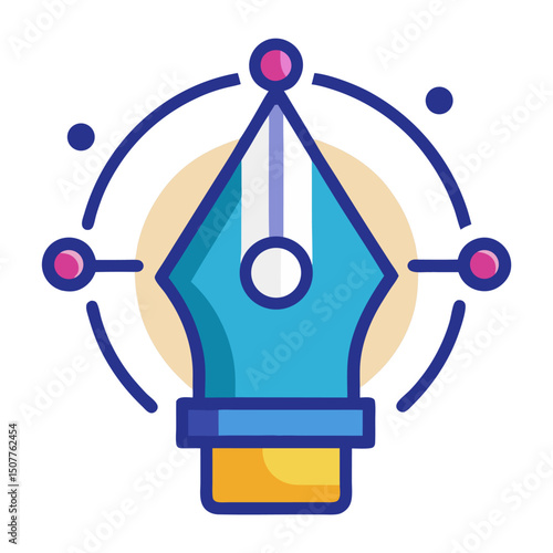 A colorful icon of a fountain pen nib surrounded by design nodes and circles, representing graphic design or creativity.