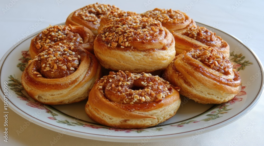 Plate of golden-brown pastries, topped with nuts, arranged in a circular pattern Plate of golden-brown pastries, topped with nuts, arranged in a circular pattern
