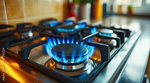 Close-up of gas stove burners with blue flames