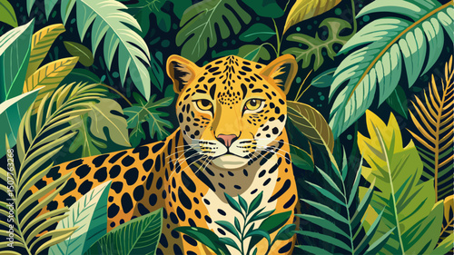 An eye-level illustration of a leopard or jaguar camouflaged within dense, lush green jungle foliage.