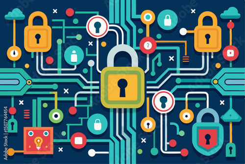 A stylized illustration depicting a complex digital network or circuit board with numerous padlocks and security icons, representing cybersecurity, data protection, and secure digital infrastructure.