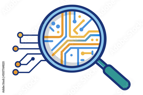 A magnifying glass over a circuit board, symbolizing detailed analysis and inspection of electronic systems or software code.