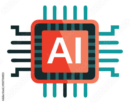 A simplified, flat design icon of a microchip with the letters "AI" prominently displayed, representing Artificial Intelligence, machine learning, and advanced computing.
