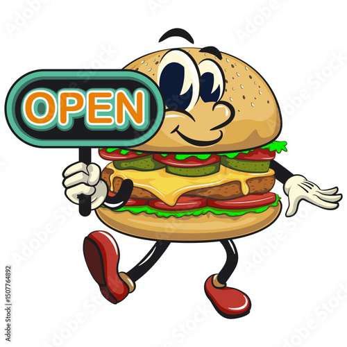 cute burger retro vektor illustration mascot character showing a sign that says open, work of hand drawn