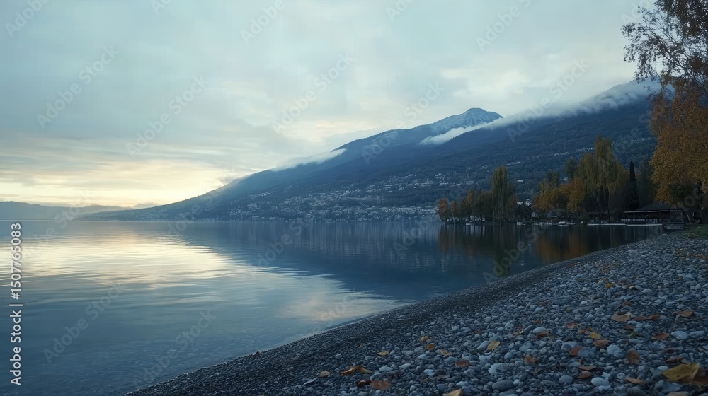 Obraz premium Serene lake vista at sunrise with pebble beach.