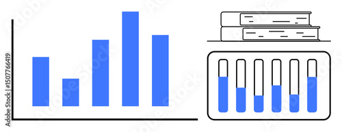 Bar graph visualization, books stacked on top, and test tubes with varying levels of liquid. Ideal for research, analytics, science, education, innovation, strategy and simple landing page