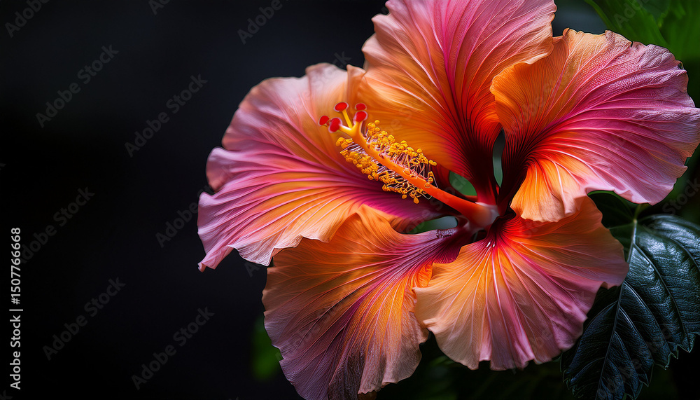 Fototapeta premium stunning close up of a vibrant hibiscus flower in rich orange and pink hues with detailed petals against a dark background ideal for nature and floral themes