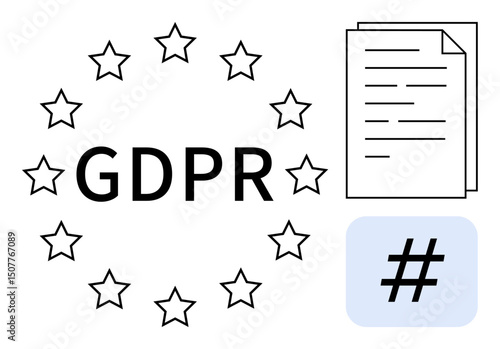 GDPR text within a circle of stars, document, and metadata tag emphasizing data protection policy. Ideal for privacy, consent, data regulation, cyber law, compliance, digital security simple landing