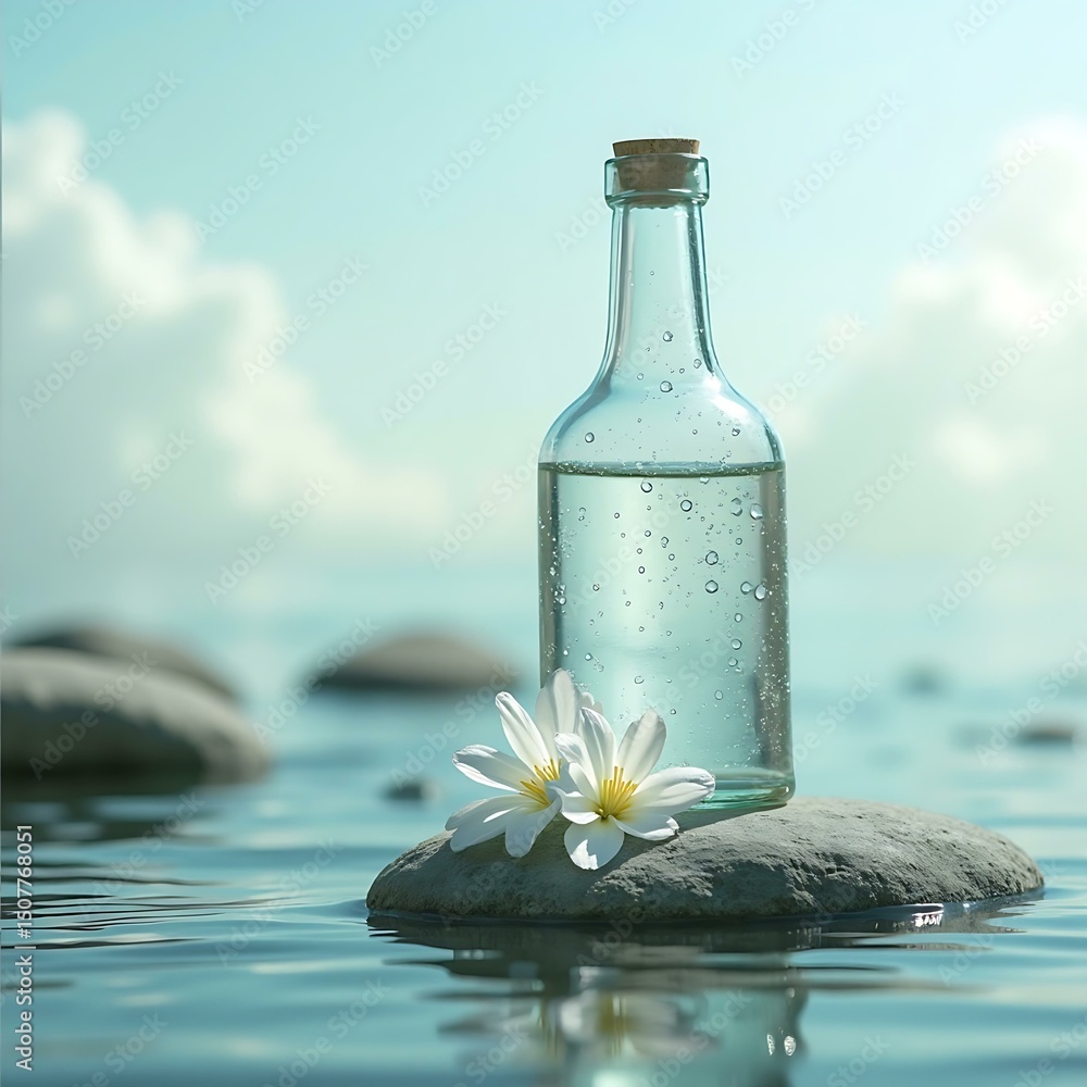 Obraz premium Mockup of bottle filled with water flowers rock nature liquid glass clear purity wellness spa relaxation calm