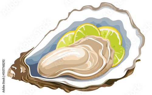 Fresh Oyster with Lime Slice - Vector Illustration
