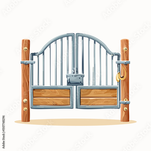 A strong vector illustration of a traditional rodeo arena gate with bars, latch, and subtle wear details.