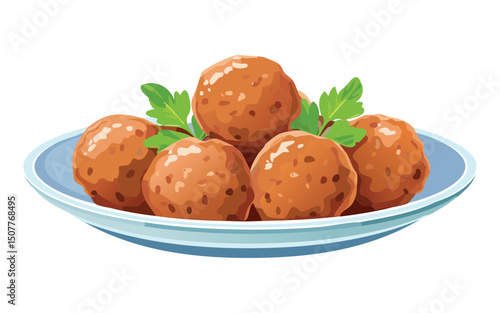 Raw Meatballs with Herbs Plate - Vector Illustration