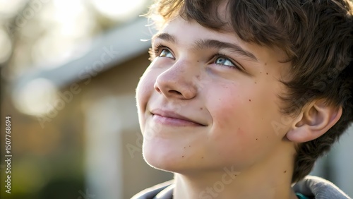 Young boy gazing upwards outdoor setting portrait photography natural light close-up hopeful expression