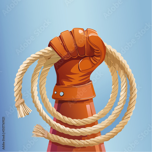 A close-up vector of a gloved rodeo hand gripping a rope, showing texture, tension, and cowboy grit.