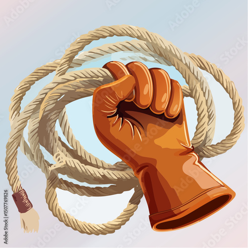 A close-up vector of a gloved rodeo hand gripping a rope, showing texture, tension, and cowboy grit.