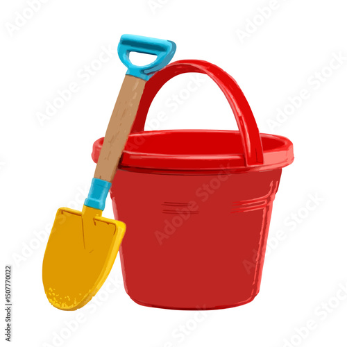 A red bucket with a handle and a yellow shovel with a wooden handle leaning against the bucket item set