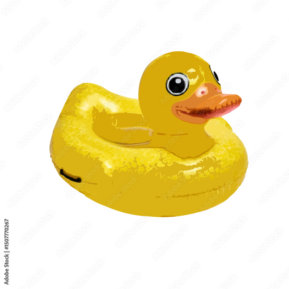 A yellow inflatable rubber duck with an orange beak and black eyes on a white background is shown A yellow inflatable rubber duck with an orange beak and black eyes on a white background is shown