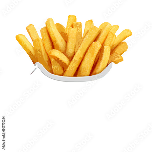 A pile of golden french fries served in a white container against a plain white background image view