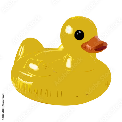 A charming yellow rubber duck with a glossy finish and a bright orange beak sitting in a white space