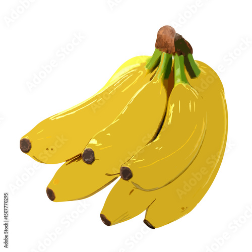 A bunch of ripe yellow bananas hanging together with green stems and brown tips on a white background