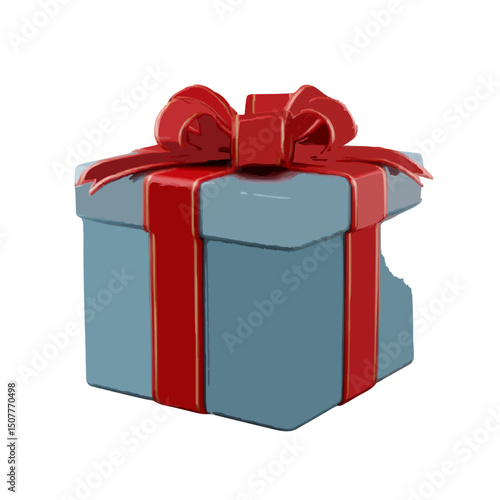 A light blue gift box with a red ribbon and bow, a bite taken out of the side, on a white background
