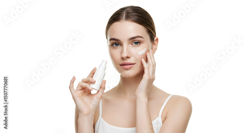Woman applying facial cream holding the product with a clean and minimalist white background.