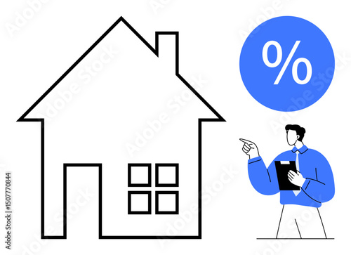 House outline with four windows, blue percentage sign, and man in tie holding clipboard. Ideal for mortgage, real estate, finance, property investment, home loans, buying decisions flat simple