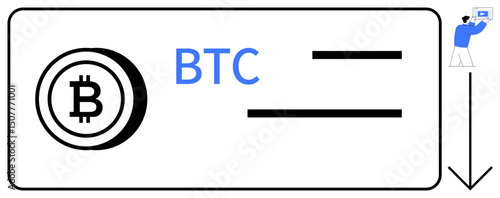 Bitcoin logo and currency abbreviation BTC enclosed in a digital card layout. User interacts with a screen. Ideal for cryptocurrency, trading, fintech, blockchain, payment processing, technology
