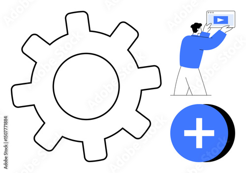 Large gear symbol, user holding media screen with play button, and blue plus circle. Ideal for technology, workflow, innovation, user interaction, media, content creation simple landing page