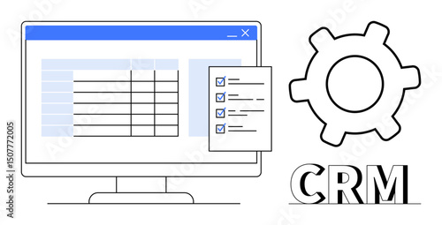 Computer screen with a tabular data interface, checklist overlay, and gear representing CRM functionality. Ideal for data organization, task management, business tools, workflow automation