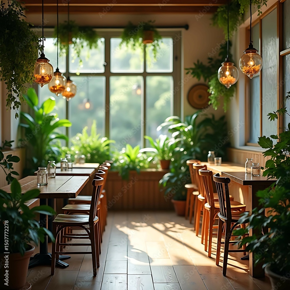 Obraz premium Eco-conscious café interior with reclaimed wood tables, indoor plants, natural lighting, and hanging jar decor showcasing sustainable lifestyle and green business design inspiration