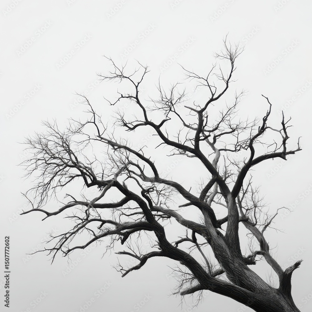 Obraz premium Bare tree branches reaching sky on white background