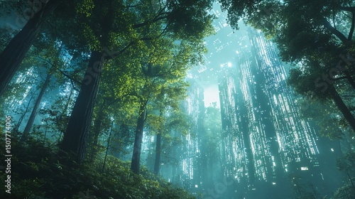 Lush forest canopy with futuristic structures.