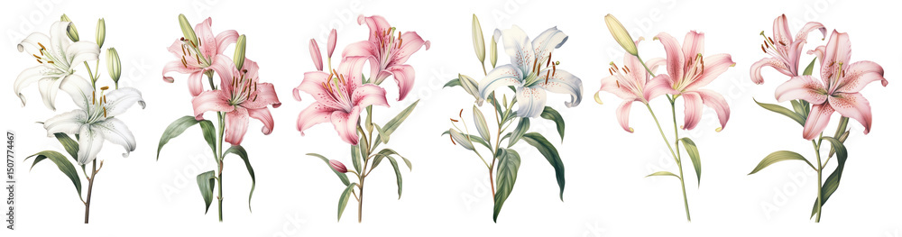 Obraz premium PNG Soft pink Lily branch lily illustration botanical transparent background.