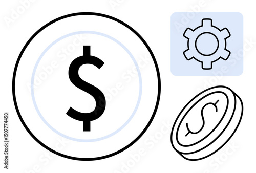 Large coin with dollar sign, smaller tilted coin, gear emblem. Ideal for finance, economy, technology, business strategy, innovation, banking and simple landing page