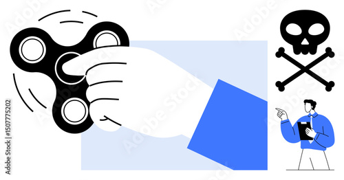 Hand spinning a black fidget spinner, toxic danger symbol with skull and bones, man pointing in alarm. Ideal for stress, focus, danger, addiction, awareness, health risks flat simple metaphor