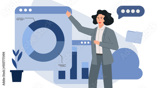 Flat business character illustration set. Professional people with charts, analytics, and report elements. Ideal for presentations, marketing, financial, and corporate UI design.