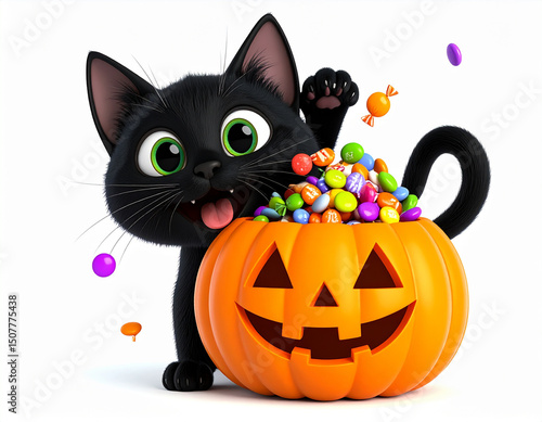 Playful 3D cartoon black cat with wide eyes and curling tail peeking from behind, Halloween spooky-cute vector