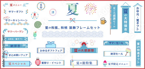 和風の夏のフレーム、アイコンセット　ベクターイラスト　テンプレート　和柄　広告　チラシ　青　レトロ　お中元　夏ギフト