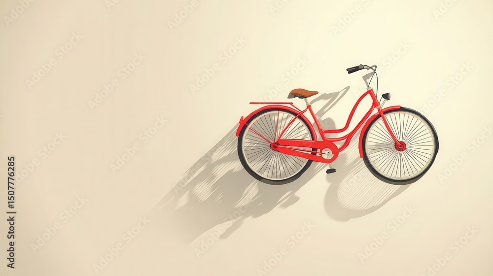 Fototapeta premium Red bicycle hanging on a beige wall.