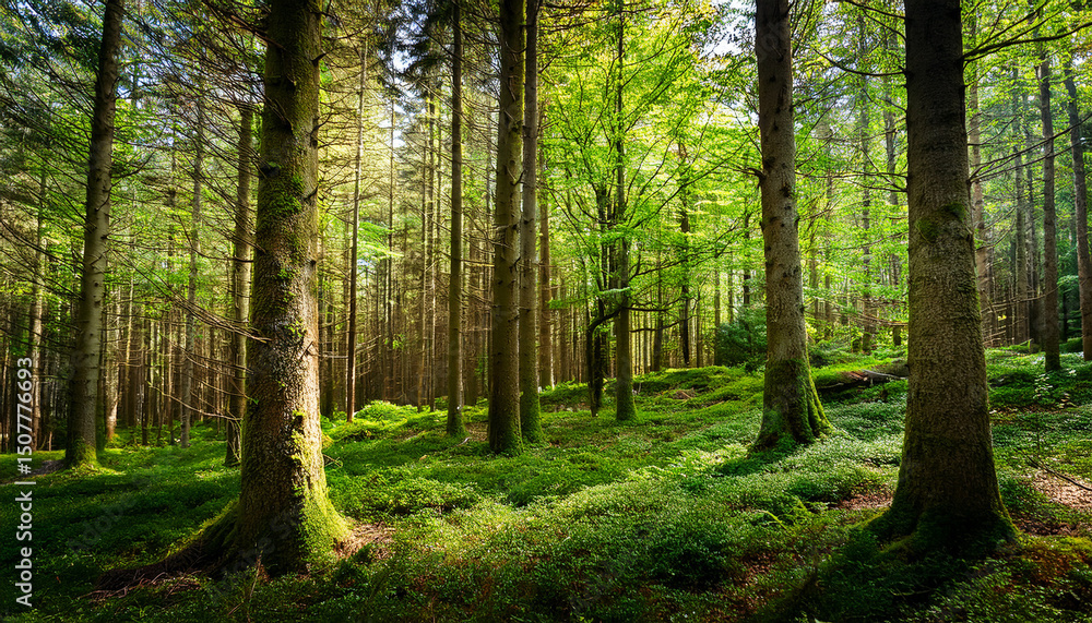 Naklejka premium a wild forest with trees and lots of green in spring