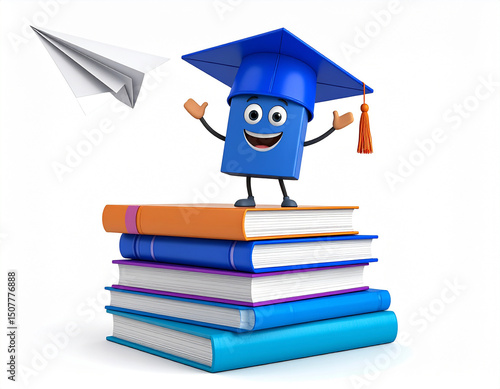 3D cartoon book with arms and graduation cap standing proudly on a stack of books, symbolizing knowledge and academic success