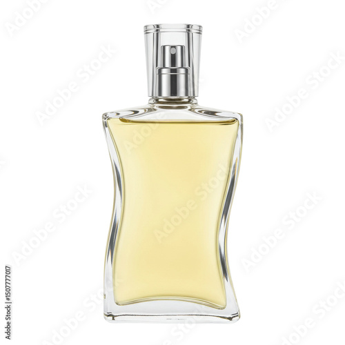 Clear glass bottle with a subtle curve, golden liquid inside, and simple clear cap