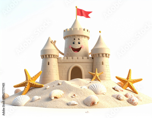Cute 3D cartoon sandcastle with arms and crown holding a small beach flag, summer fun vector mascot