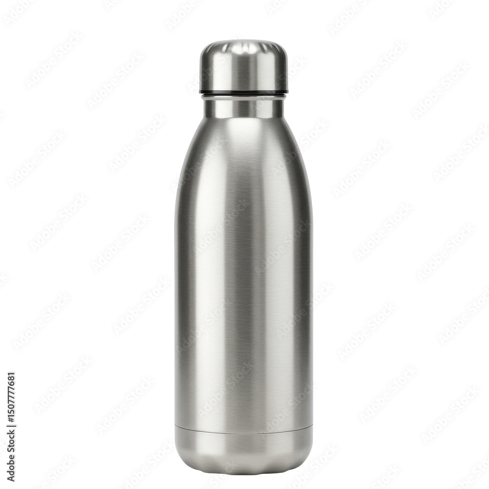 Sleek stainless steel bottle with a rounded shape and a matching top, over a dark background Sleek stainless steel bottle with a rounded shape and a matching top, over a dark background