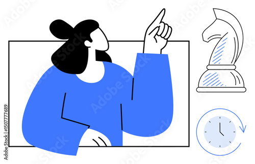 Woman gesturing upward indicating ideas, knight chess piece symbolizing strategy, and clock for time. Ideal for leadership, planning, business, innovation, productivity, decision-making education