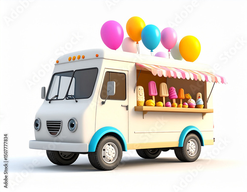 Fun 3D ice cream truck with cartoon eyes and smiling wheels, serving popsicles to kids, playful food vector mascot